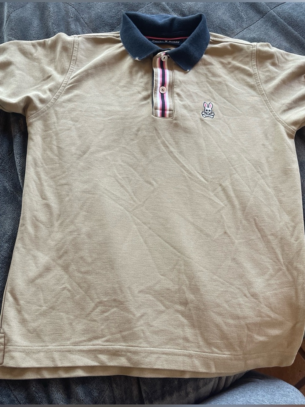 Psycho Bunny Khaki Polo with Navy Collar and Bunny Logo